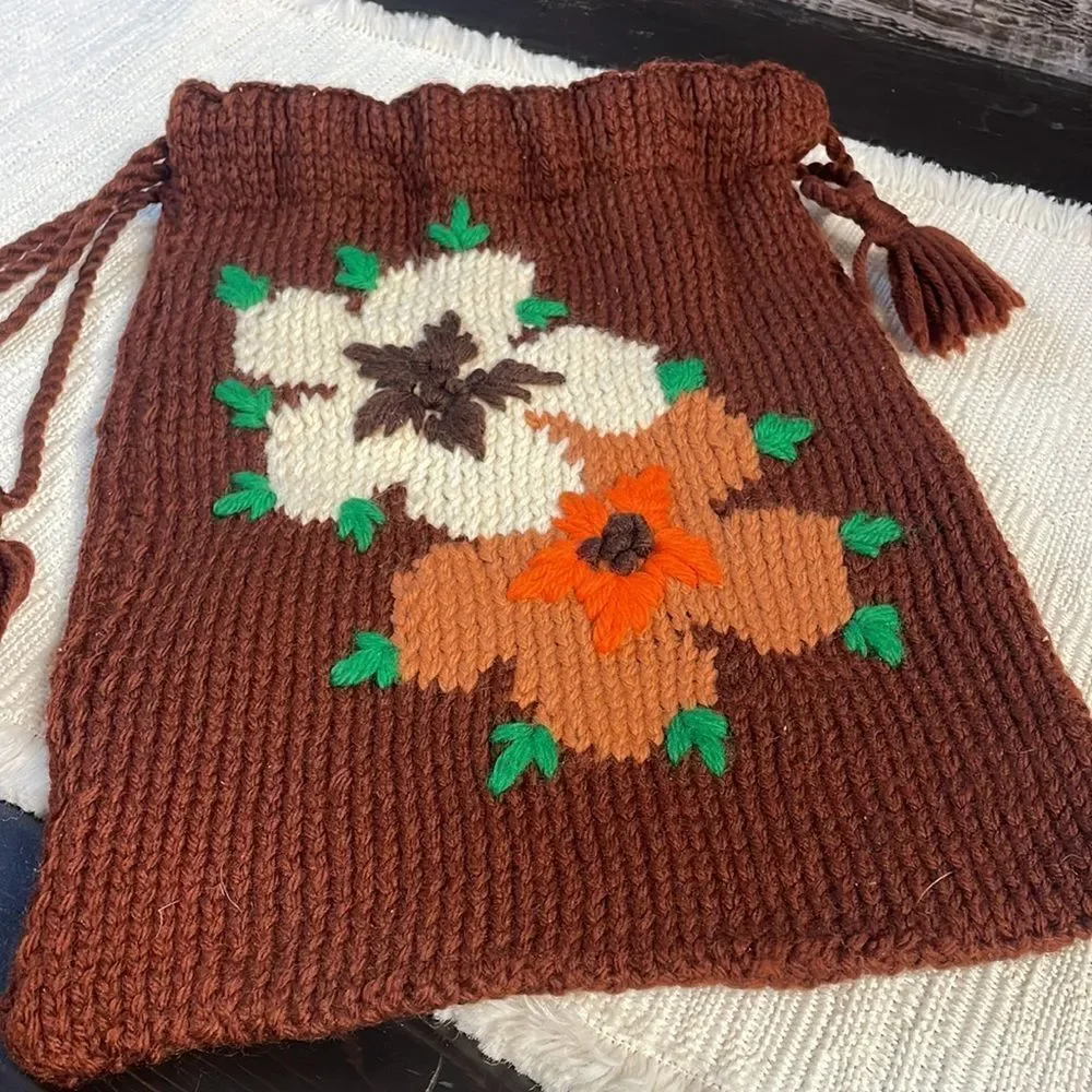 Hobo Boho Crocheted Drawstring Purse/Bag, Brown with Floral Design, Brown
